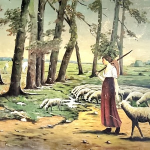 Art Deco Shepherdess Painting Pastoral Scene Sheep Woman Red Skirt Peasant Blouse Signed EH Lang 1929 Vintage LOFT Landscape Painting People