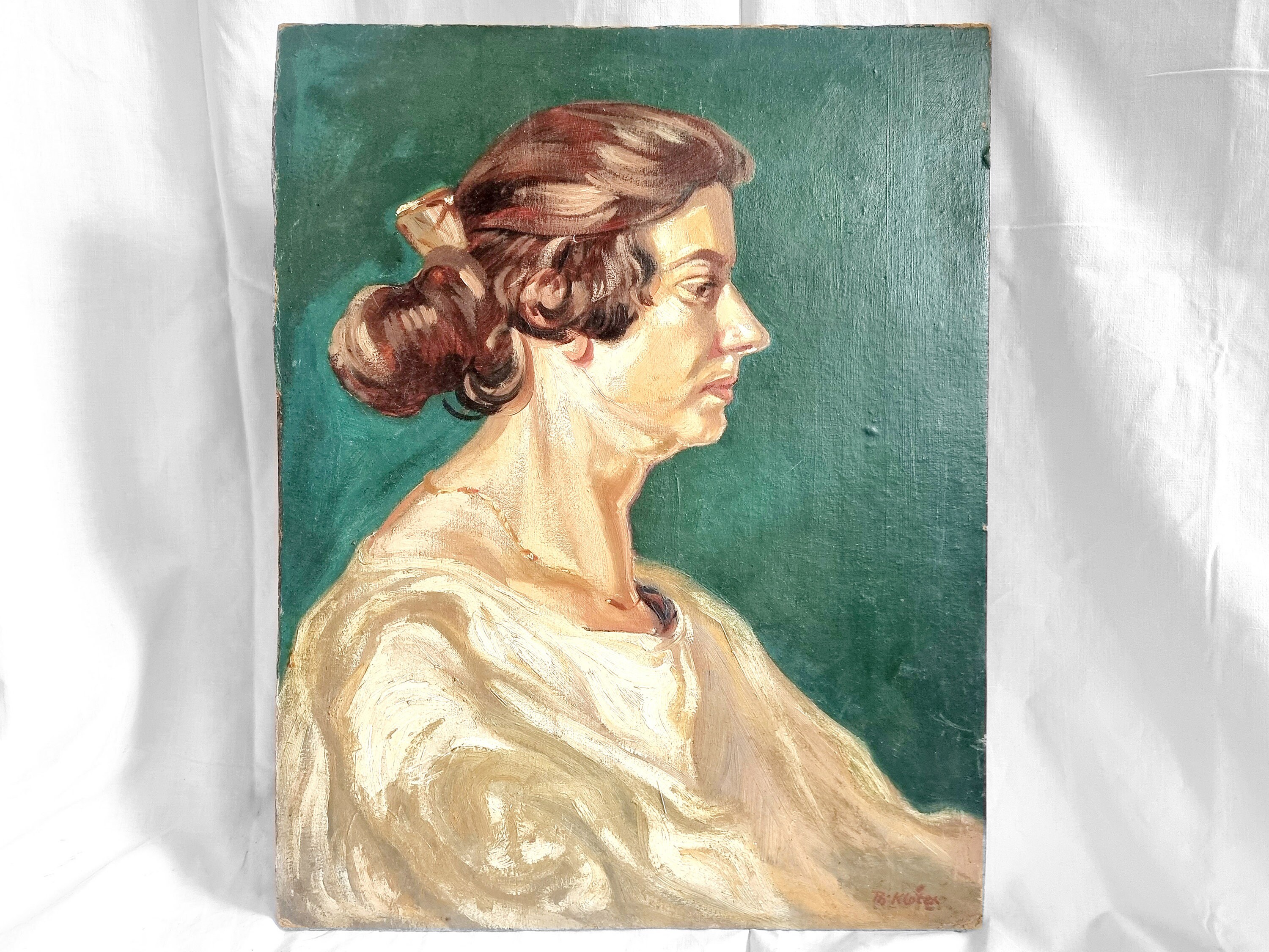 Art Deco Woman Portrait Green Tones Updo, Vintage Oil Painting Signed,  Elegant Lady Dress Chain, Old Wall Decoration Picture Wall Green - Etsy