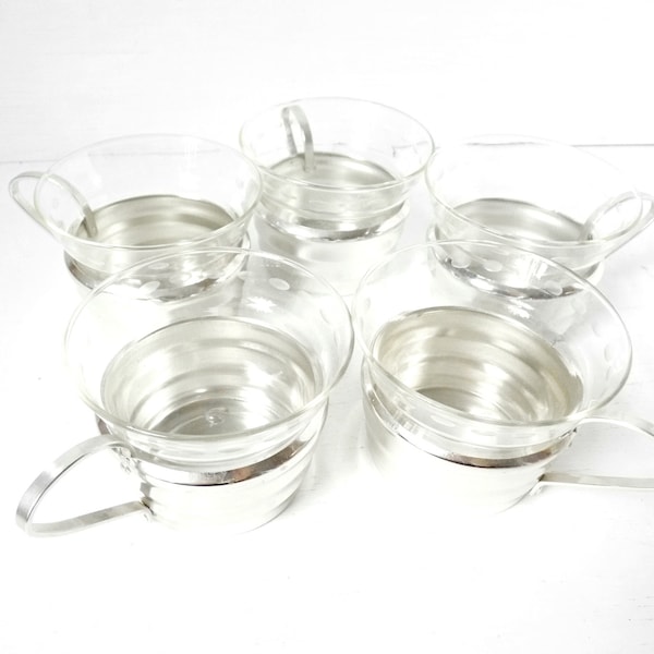 Set of 5 mid-century tea glass holders silver-colored wavy palettan complete glasses, vintage tea cup service 50s 60s, MidMod metal tea glasses