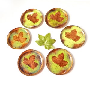 May include: Six round copper coasters with a green and brown leaf design. The coasters are arranged in a circle around a single green leaf.