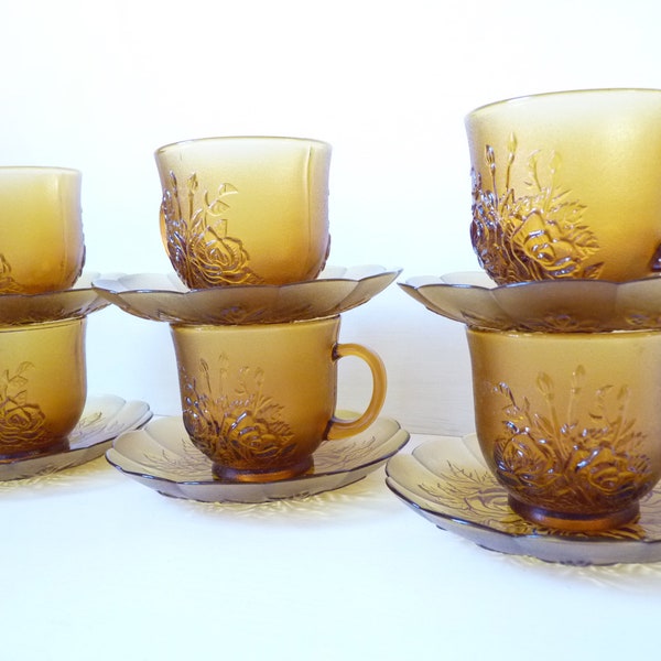 Set of vintage glass cups for tea and coffee, amber glass, 50s 60s boho living room, country house furnishings, brown smoked glass, pressed glass rose decor