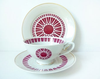 Vintage STARBURST Sammelgedeck 50er 60er, Colditz Porzellan, Midcentury Tasse, burgund weinrot rot weiß, Sammeltasse, Teetasse, Kaffeetasse