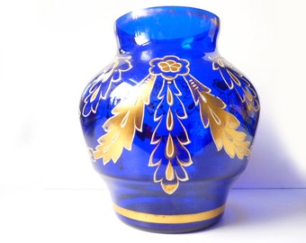 Josef Riedel Polaun Art Nouveau vase influence Vienna Secession, cobalt blue gold laurel wreaths gold painting Art Nouveau garlands festoons