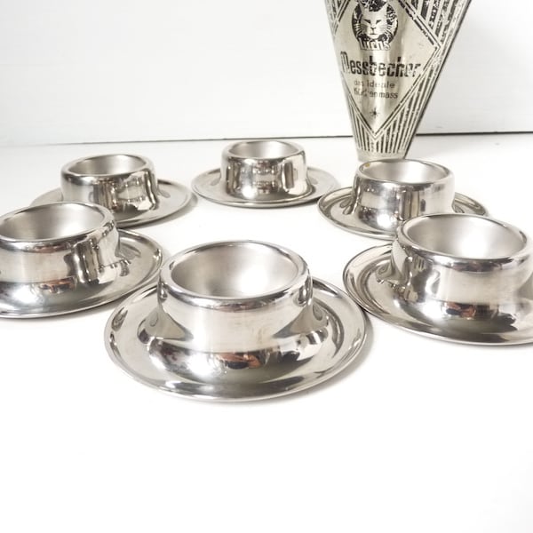 Stainless steel egg cups silver-colored, vintage modernist kitchen design set of 6, mid-century breakfast space age futuristic 60s 70s op art