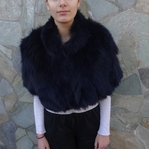 Blue Black Fox Fur Stole: Silky Soft Shawl Cape