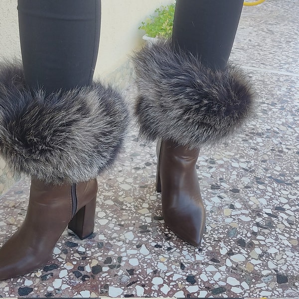 Brown snowtop fox fur boot cuffs