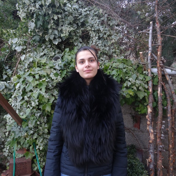 Large black long  fur collar, real fox fur collar.black fox fur collar