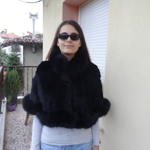 Black trimmed rabbit with fox fur trimmings fur stole cape