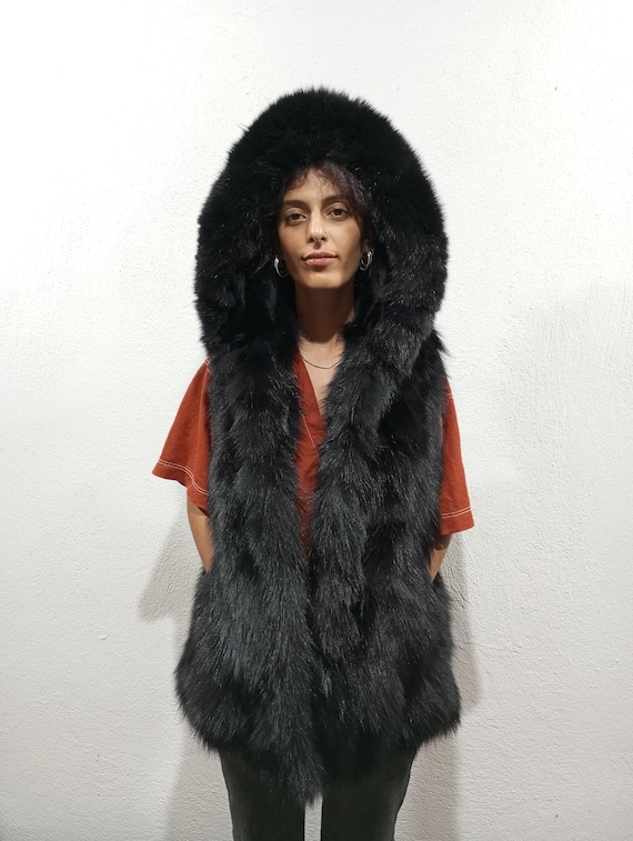 Zorro Chaleco Negro Pelo Mujer Chaleco De Piel De Zorro Con