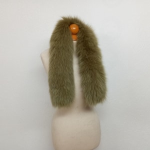 Green Fox Fur Hood Trim: Fluffy Collar, Button Attachment