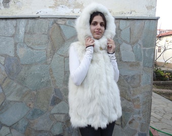 Beautiful white cream fox fur hooded vest