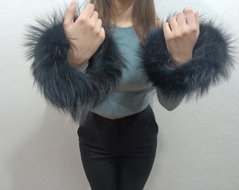 Real fox fur cuffs blue black fox fur cuffs