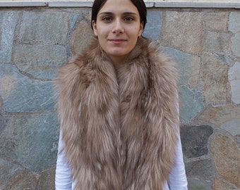 Large Fox fur collar, real  fur collar.Beige brown color fox fur collar