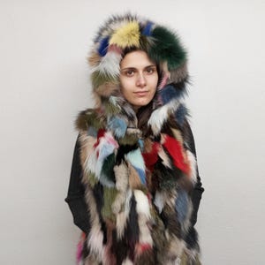 Fox fur multi color hooded vest multi color fox fur Vest