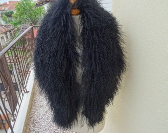 Large black mongolian lamp fur collar, real  fur collar