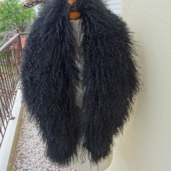 Large black mongolian lamp fur collar, real  fur collar