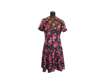 Dress vintage 1960 black with pink flowers