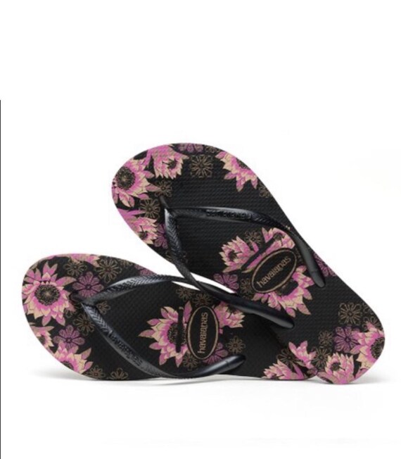 NWT Havaianas Black Rose Gold Slim Floral Flip flop Slip on Shoes Sz 11 Etsy Canada