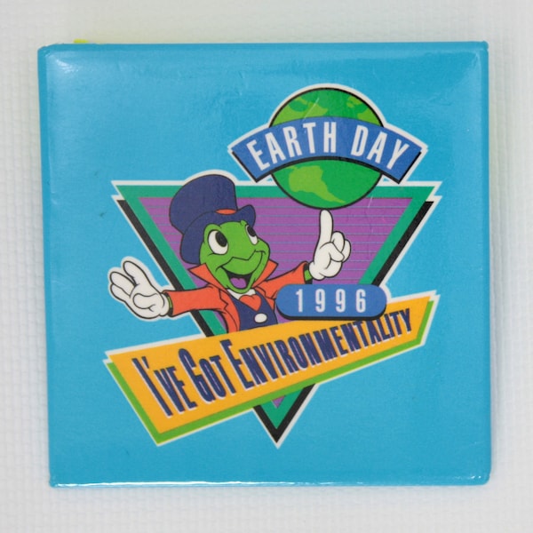 Vintage Earth Day 1996 Disney Parks Pin Back Button Badge Cast Member Exclusive Collectible Jiminy Cricket I’ve Got Enviromentality