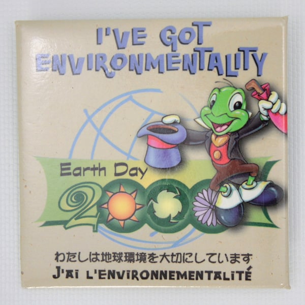 Vintage Earth Day 2000 Disney Parks Pin Back Button Badge Cast Member Exclusive Collectible Jiminy Cricket I’ve Got Enviromentality