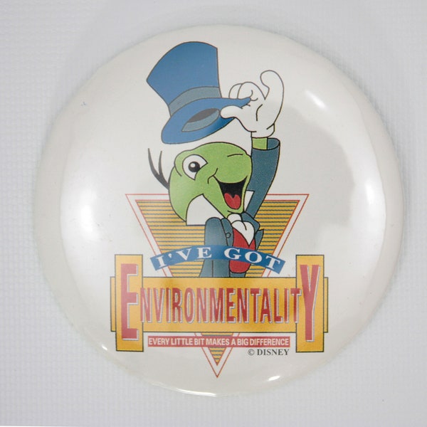 Vintage Disney Parks Enviromentality Button with Jiminy Cricket - Every Little Bit Makes a Difference