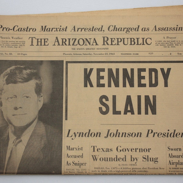 Original Copy of The Arizona Republic “Kennedy Slain” November 23, 1963  Rare Vintage Newspaper JFK Assassination Historical Headline