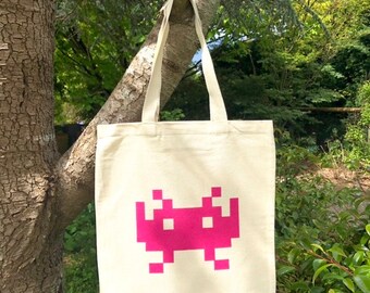 Space Invader Cotton Canvas Tote Bag, Handmade in Australia