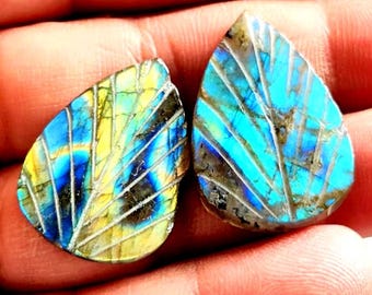 Labradorite Leaf Carving 2pcs Lot Flashy Blue Yellow Natural Gemstone
