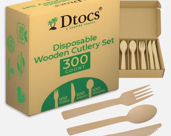 Dtocs Wooden Cutlery Set 300 Pc – Knives, Spoons, Forks 100 Each | Disposable Silverware Party Pack for Weddings, Catering, Family Functions