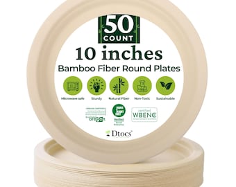 Dtocs Bamboo Fiber Disposable Plates 10 Inch (50 Pcs) | Sturdy Dinner Plates for Wedding, Catering | Microwavable, Leak proof