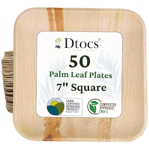 May include: A stack of 50 compostable 7-inch square palm leaf plates. The plates are made from natural palm leaves and are certified by the USDA as a biobased product. They are also certified compostable by the Biodegradable Products Institute (BPI).