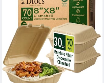 Dtocs Disposable Clamshell To Go Food Containers 8x8" (70 Pc) | Microwavable Carry Out Boxes for Catering, Hot & Cold Food