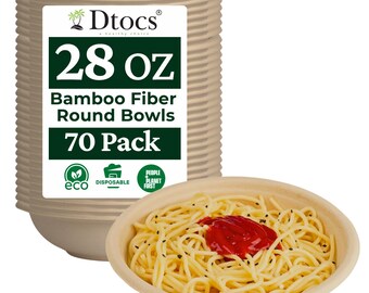 Dtocs Disposable Bamboo Bowls - 28 Oz, 70 Pcs, Eco Friendly Large Bowls for Parties, Microwavable Round Bowl for Soups, Salads, Snacks