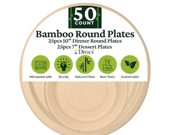 Dtocs Disposable Plates Set (50) - 10" Dinner Plates + 7" Appetizer (25 Each) | Sturdy Bamboo Fiber Round Party Plates for Hot, Cold Foods