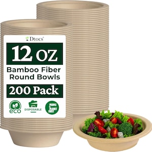 May include: A stack of beige bamboo fiber round bowls with a label that reads "12 OZ Bamboo Fiber Round Bowls 200 Pack". A bowl filled with salad is in the foreground. The bowls are eco-friendly and disposable.
