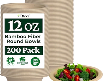 12 oz Bamboo Fiber Disposable Bowls | 200 Pack Eco Friendly Catering Bowls | Small Bowls for Dips, Desserts | Microwave Safe, Leak Proof