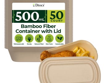 Dtocs Bamboo 500 mL Disposable Meal Prep Containers With Lids (Pack 50) | To-Go Food Boxes - Microwavable, Freezer Safe