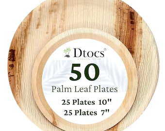 Dtocs Palm Leaf Plates 50 Pc set Combo -10" (25) Dinner & 7" Dessert (25) | Bamboo Plate Like Eco-friendly, Compostable Disposable Plates
