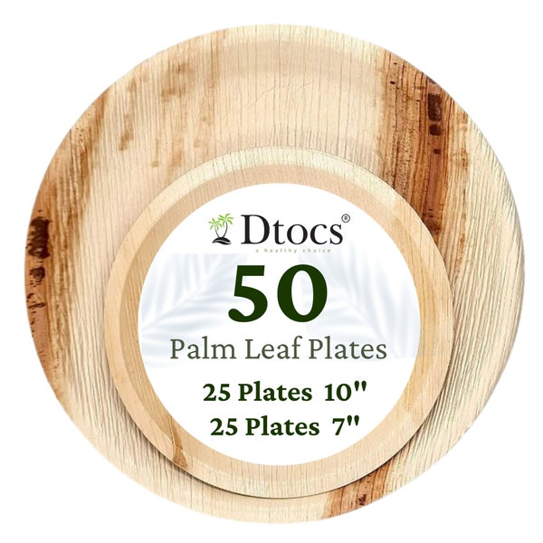 Dtocs Palm Leaf Plates 50 Pc set Combo -10" (25) Dinner & 7" Dessert (25) | Bamboo Plate Like Eco-friendly, Compostable Disposable Plates