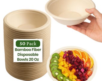Dtocs Bamboo Disposable Bowls 20 Oz, (50 Pcs) | Microwavable Bowl for Dessert, Cakes, Snacks, Salad
