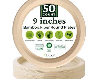 Dtocs Round Disposable Plates 9 Inch (50) | Sturdy Bamboo Fiber Party Plate Set for Weddings, Catering | Microwavable, Leak Proof Dinnerware