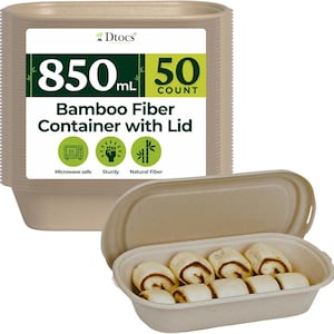 May include: Stack of beige bamboo fiber containers with lids. One container is open, filled with food. The label reads "850 mL, 50 count, Bamboo Fiber Container with Lid." The label also states the containers are microwave safe, sturdy, and made of natural fiber.