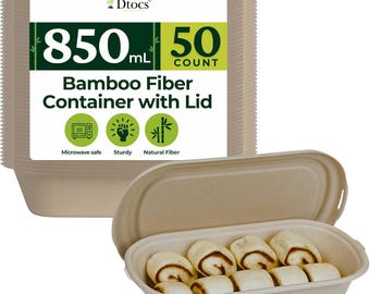 Dtocs Bamboo Fiber Meal Prep Containers with Lids 850ml, 50 Pcs | Disposable To Go Food Containers for Meal Prep, Salads, Lunch