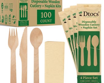Dtocs Wooden Cutlery Set Disposable Wrapped 100 Kits | Smooth Splinter-Free Sturdy Wooden Spoon, Knife & Fork, Napkin - Wrapped Silverware,