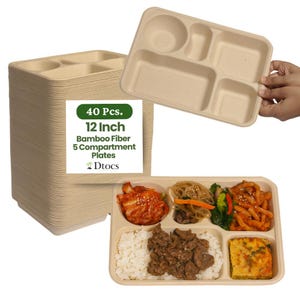 May include: A stack of 40 beige, 12-inch, 5-compartment bamboo fiber plates. One plate is held by a hand, and another is filled with food. The plates are from Dtocs.