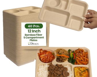 Dtocs 5 Compartment Disposable Plates (40 Pcs) | Heavy Duty Bamboo Fiber Divided Plates, Eco-Friendly Sectional Trays for Parties, Catering