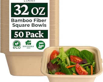 Dtocs Disposable Bowls 32 oz (50 Pack) | Microwavable Bamboo Fiber Bowl for Snacks, Salads, Soups