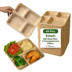 May include: Beige bamboo fiber 4-compartment plates, 9 inches in diameter, stacked and displayed with a plate filled with food. The image includes a label that reads "40 Pcs." and "Dtocs".
