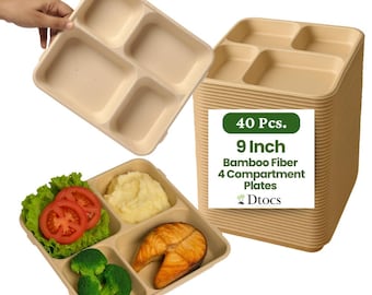 Dtocs 9 Inch Disposable 4 Compartment Plates (40 Pcs) | Heavy Duty Sectional Tray Food Organizer, Multipurpose Microwavble Divided Plates