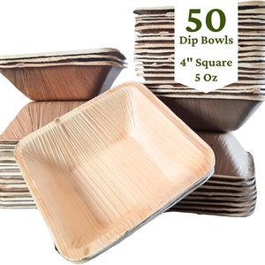 Disposable Square Dip Bowls [50] 4 Inch | Bamboo Bowl Like Compostable Palm Leaf Dish For Expo, Sampling, Wedding, Parties.